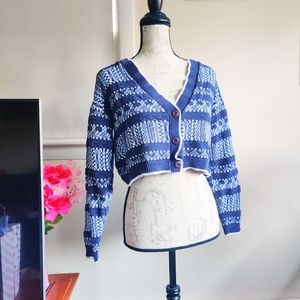 Vintage 90s Blue Striped Funky Cropped Knit Cardigan Cotton Sweater M
